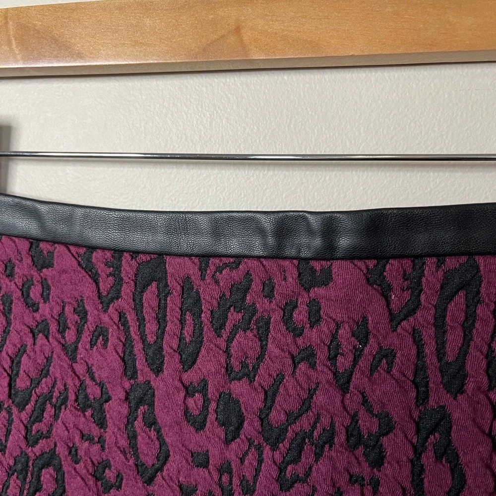 NWT Express Purple and Black Leopard‎ Pencil Midi Skirt Vegan Leather Trim